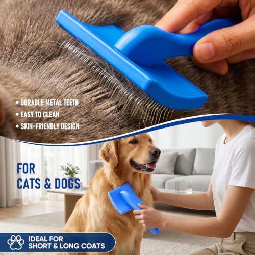 5 in 1 Pet Grooming Kit 5PCS,Large Dog Brush for Goldendoodles Poodles Doodles,Dematting Comb, Metal Comb, Flea Comb, Silicone Bath Brush Pin Haired Brush,Poodle Brushes and Comb（blue）