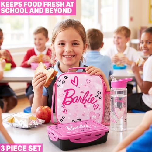 Get Trend Barbie Girls Lunch Box 3Pc Set | Kids Insulated Lunch Bag with BPA-Free Water Bottle and Bento Box, Back to School Gifts for Girls - color: Pink/Multi Barbie