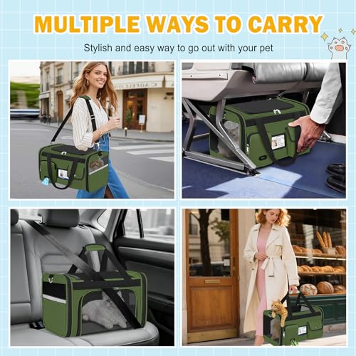 HUANLANG Large Cat Carrier Soft Sided Travel Pet Carrier Airline Approved | Dog Carriers for Small Dogs Medium Cats,Collapsible,3 Storage,zipper lock,Reflective strips,Luggage Strap, Up to 15 Lbs - color: Army Green