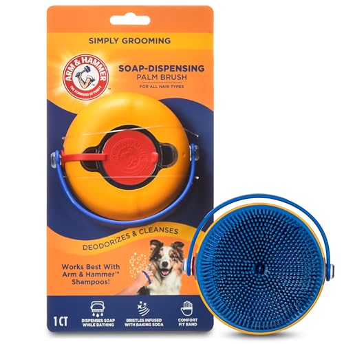 Arm & Hammer Simply Grooming Soap Dispensing Palm Dog Brush | Baking soda infused, silicone scrubbing nubs, easy-grip design, lathers and deodorizes, all coat types - size: 1-Pack, style: Soap Dispensing Palm Brush