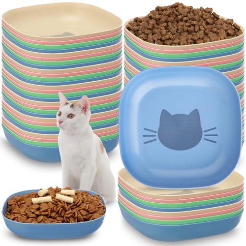 Tioncy 24 Pcs Fatigue Relief Cat Bowl 5.7 Inch Shallow Cat Food Dish Wide and Small Pet Wet Feeding Bowl for Kitten Short Legged Kitten Ferrets Feral Small Animals (Blue, Green, Pink, Beige,Cute) - color: Blue, Green, Pink, Beige, style: Cute