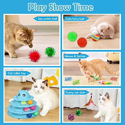 UPSKY 20 PCS Cat Toys Set with Teaser, Mice, Spring, and Various Ball Toys | Puzzle Kitten Toys, Sturdy Structure, Detachable Design, Easy to Assemble, Anti-Slip, Reduces Boredom for Indoor Cats - color: B-20PCS-Blue