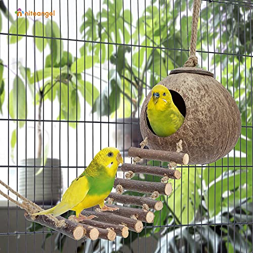 Niteangel Natural Coconut Hamster Hideaway with Ladder, Bird and Small Animal Toy (House with Ladder, Smooth Surface) - color: Smooth Surface