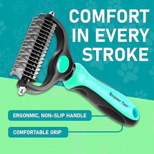 Maxpower Planet Hair Brush - Double Sided Shedding, Dematting Undercoat Rake for Dogs and Cats - Extra Wide Dog Grooming Brush, Reduce Shedding by 95%, Turquoise | Turquoise, Undercoat Rake, Detangling Comb, 9/17-Teeth Dual-Sided, Cats, Anti-Slip Handle,