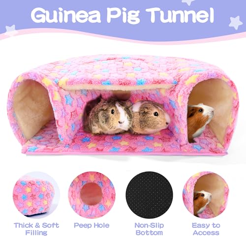 3 Pack Guinea Pig House Accessories, 2 Cozy Guinea Pig Bed and Hideout Tunnel, Chinchillas Hideout for Hamster, Rabbit, Bunny, Chinchillas (Pink, L) - color: Pink