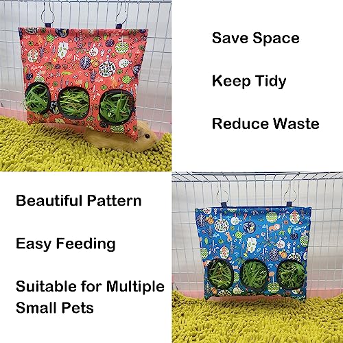 Rabbit Hay Feeder Bag, Guinea Pig Hay Feeder for Cage Small Animal Hanging Feeding Bags Rabbit Hay Dispenser Storage for Rabbits Guinea Pigs Bunnies Chinchillas (Red,Dark Blue, 3 Hole) - color: Red,Dark Blue