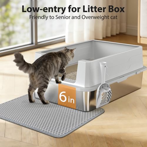 FURTIME Stainless Steel Cat Litter Box, Extra Large Cats Metal Litter Box | High-Sided Open-Top Easy-Clean Litter Pan for Multi-Cat Home, Non-Stick, Anti-Leakage, Comes with Scoop & Mat, 28"×20"×12.2" - color: Silver, size: XXX-Large