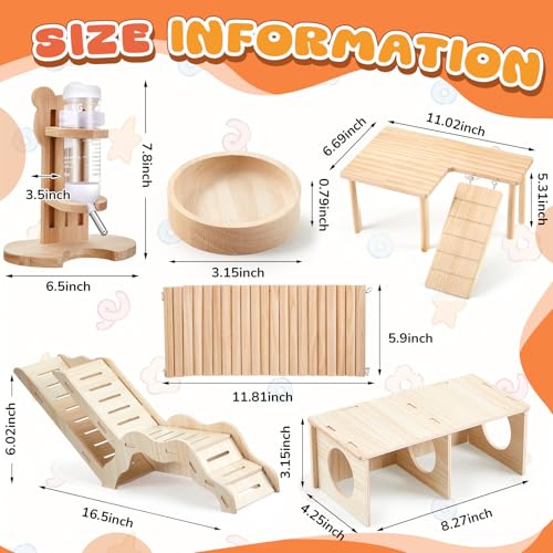 6 Pcs Hamster Cage Accessories Hamster Toys Set, Maze Climbing Ladder Wooden Bridge Tunnel Toy Platform Water Bottle Feeding Bowl Set for Rat Mice Small Animals Habitat