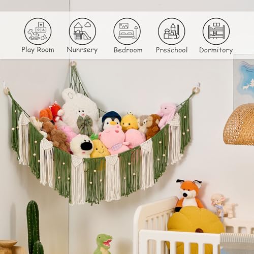 Stuffed Animal Hammock with Weaving Tassels and Beads Avocado Green - color: Avocado Green