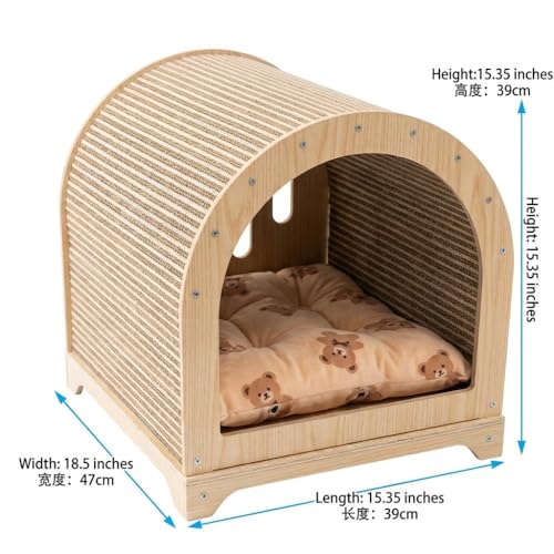 Modern Cat House for Indoor Cats, 2-in-1 Cat Scratcher Lounge with Cozy Cushion, Wooden Furniture Style Cat Condo Bed for Cats & Kittens