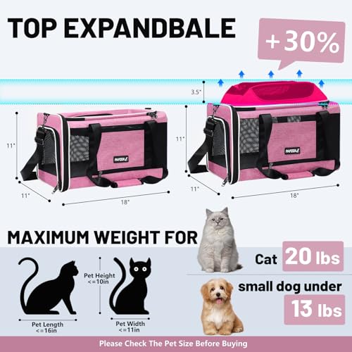Top-Expandable Cat Carrier 18x11x11, United Delta American Airline Approved | Soft-Sided Small Dog Pet Carry Bag Travel Under-Seat in Cabin, Puppy Airplane Crate 10lbs TSA Plane Kitten Cage Kennel Pink - color: Pink