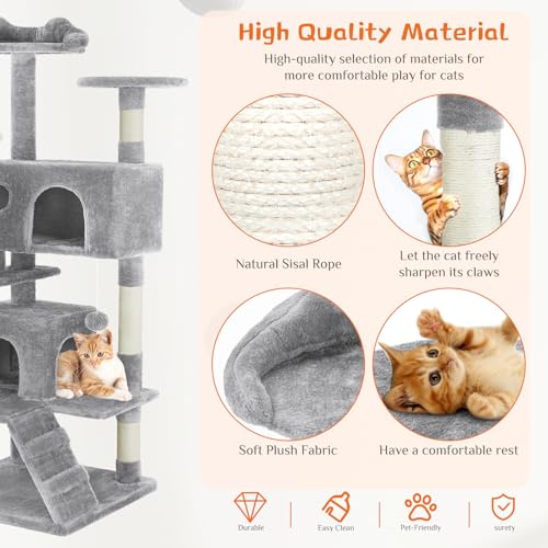 Sweetcrispy 54-Inch Cat Tree Tower – Multi-Level with Sisal Scratching Post, Perfect Pet Gift, Indoor Condo with Climbing Ladder, Plush Toy, and More Animal Stuff, Light Grey | Multi-Level with Indoor Cat Condo with Climbing Ladder, Plush Toy, Play House