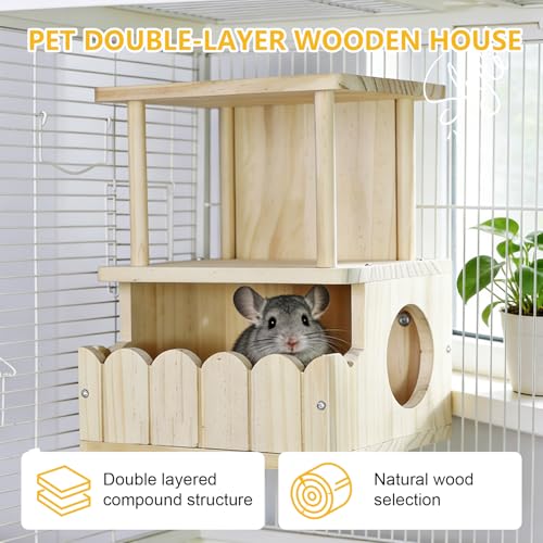 Chinchilla Hideout, Natural Wooden Hamster House Hideout | Double Room Detachable Small Pet House Habitats, Small Animal House Chinchilla Cage Accessories for Squirrel, Sugar Gliders - color: J