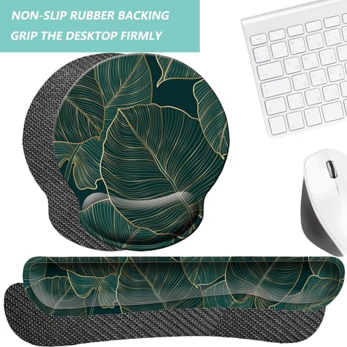 Keyboard Wrist Rest Pad Mouse Pad with Wrist Support Set of 3, Mousepad with Non-Slip Rubber Base, Ergonomic Memory Foam Mouse Wrist Cushion Support for Home Office Laptop Computer, Green Leaves - color: Green Leaves