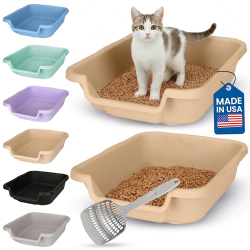 KittyGohere Senior Cat Litter Box Small with Scoop, 2 Pack Beach Sand | Open Top Low Entrance Kitty Litter Box With With Long-handle Jumbo Scoop, Lightweight & Durable Litters Box, Made in USA - color: Beach Sand, size: Small(2 Pack) with Scoop