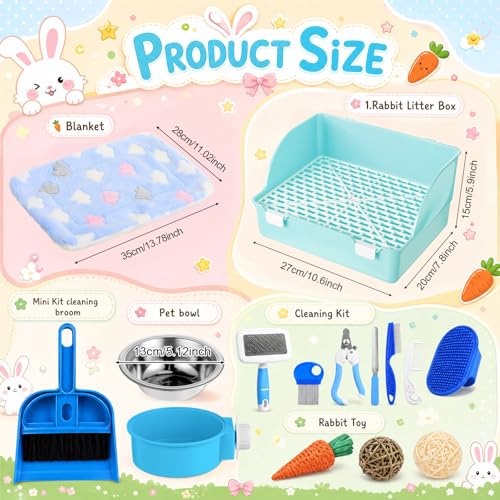 Reallnaive 15 Pcs Rabbit Starter Kit Small Rabbit Litter Box Girls Gift Animal Grooming Kit Bunny Toys Bowl Blankets with Cleaning Set for Guinea Pig Accessories(Sky Blue) - color: Sky Blue