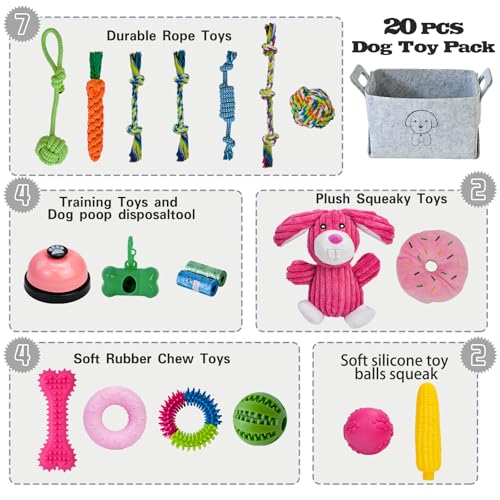MRSOHRET 20Pcs Puppy Chew Toys for Teething, Dog Chew Rope Toys, Pet Dog Toothbrush, Treat Balls, Plush Squeaky Toy for Small Medium Dogs with Basket - color: 20 Pack Rabbit Style