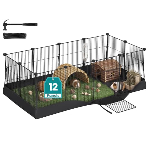 SONGMICS Guinea Pig Playpen, Steel Wire Small Animal Enclosure | Exercise Pen for Rabbit, with Waterproof Mat and Door, 47.2 x 23.6 x 15.7 inch, Black, DAMION Collection ULPI008B101 - color: Black, size: 12 Panels - 47.2"L x 23.6"W x 15.7"H