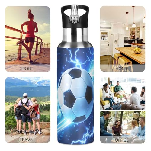 Soccer Water Bottle 20 oz, Blue Lightning Boys Sports Water Bottle, Insulated Vacuum Stainless Steel Mug with Straw Lid & Handle - color: B01