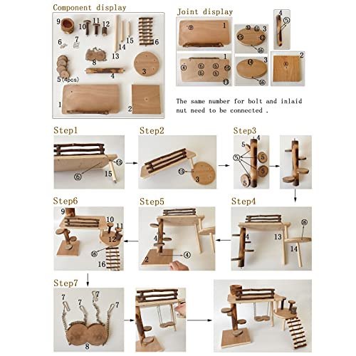 VolksRose Wooden Hamster Playground Platform, Hamster Climbing Toy, Natural Living Climb System, Small Animals Activity Set with Ladder Food Bowl Ramp Bridge for Mouse Gerbil Rat Chinchilla - color: #4