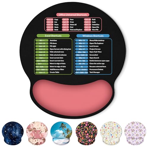 KONVINIT Ergonomic Mouse Pad with Wrist Rest, Small Excel Cheat Sheet Desk Pad with Windows & Office & Excel Shortcuts, Non-Slip Rubber Base Mouse Pads for Desk with Smooth Surface, Black Pink - color: Shortcut-Pink