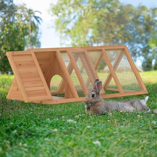 Rabbit Hutch, Small Chicken Coop Outdoor A-Frame Quail Cage with 2 Door & Run Cage Wooden Triangle Quail Hutch with Ventilating Wire Poultry Hutch for Small Animal (Wood) - color: Wood