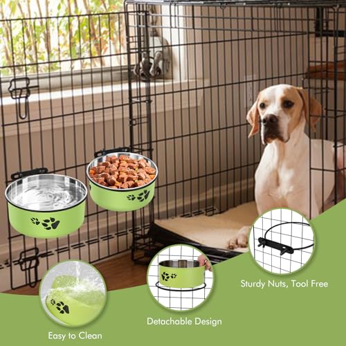 Dog Crate Water Bowl, ShineMe 54oz & 34oz Stainless Steel No Spill Crate Food and Water Bowl, Kennel Bowls Mountable for Medium and Large Dogs, Cats and Pets, Set of 2, Green (7.1x2.9” & 6.2x2.6”) - color: Green, size: L (54oz+34oz)