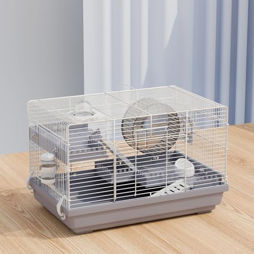 Dwarf Hamster Cage Starter Kit 19x12x12in for Dwarf Hamsters Robo Hamsters | Multilevel Dwarf Hamster Cage with Silent Wheel Ø6", 2 Platforms, 2 Tube Ports, Ladders, Water Bottle, Food Bowl - color: Gray