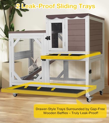 Aivituvin Rabbit Cage Indoor, 2-Story Bunny Cage with Leak-Proof Trays, Chew-Proof Wooden Rabbit Cage on Wheels for Small Pets (39.3" L x 22" W x 36.8" H) - Brown - color: Brown