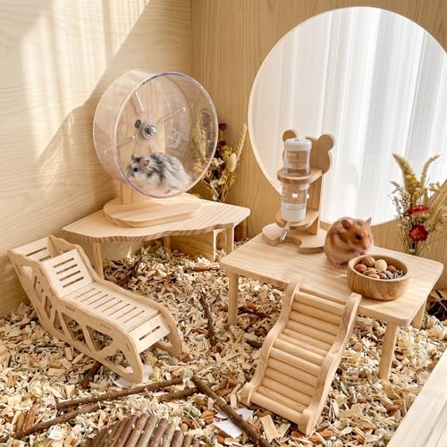 BreezeHug 6 Pcs Hamster Cage Accessories Hamster Wooden Tunnel Bridge Hideout with Platform Exercise Wheel Water Bottle with Stand Decorative Landscape for Small Pets Dwarf Syrian Mice Degus Gerbils - style: Modern