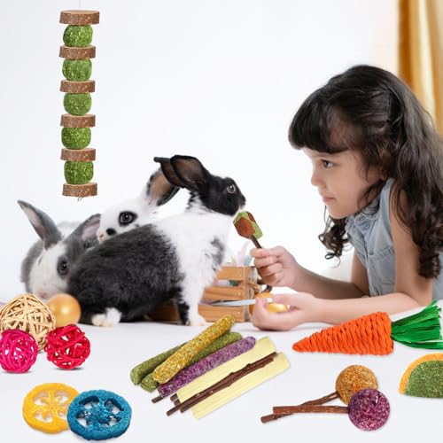 Hamster Toys Rat Toys Chinchilla Toys Hamster Chew Toys Natural Timothy Hay Sticks Apple Wood Sticks Ladder Bell Roller for Gerbil Guinea Pigs and Other Small Animal