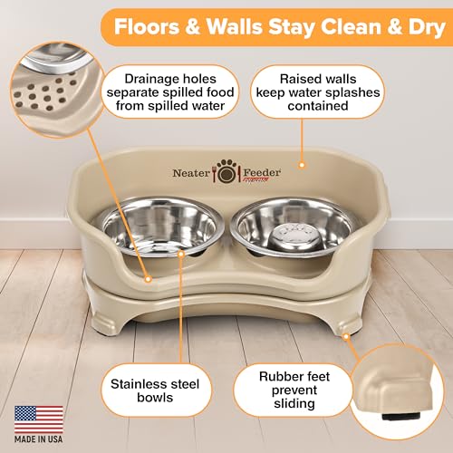 Neater Feeder Express Mess Proof Dog Bowls Elevated for Small Breed – Made in USA – No Spill Raised Slow Feeder Elevated Dog Bowl Stand, Stainless Steel Food and Water Bowl Set, Almond - color: Almond, size: Small w/ Metal Slow Feed Bowl