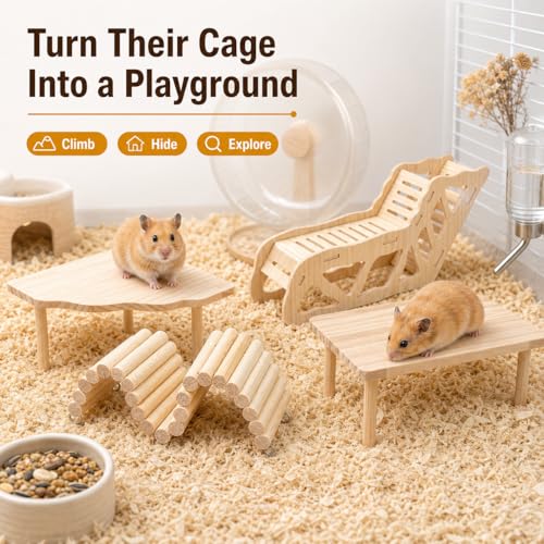 Hamster Platform, 4-Piece Set with Hamster Tunnel, Climbing Toys and Fence | Wooden Hamster Cage Accessories, Climbing Play, Hideout Tunnel, Bendable Fence, for Syrian Dwarf Hamsters, Gerbils and Mice