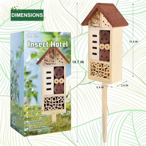 Lulu Home Wooden Insect House with Stake, 19.7 X 3.4 X 5.4 Inch | Hanging & Inserting Two Mount Ways, For Bee, Butterfly, Ladybirds, Beneficial Insect Habitat, Bug Hotel Garden