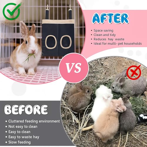 Rabbit Hay Feeder Bag for Guinea Pigs and Chinchillas | Chew Proof Washable Oxford Cloth Hay Rack, Timothy Hay Holder, Hanging Double Hole Black Oxford Cloth