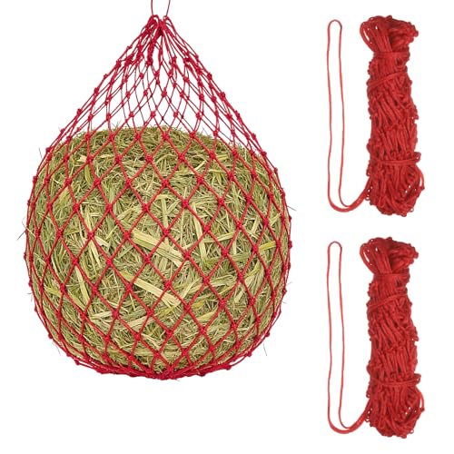 Slow Feeder Hay Net, 40" Length 2" Holes Strong Load-Bearing, Nylon Slow Feed Bag Hay Feeder, (Red, 2 Pcs), Intended for Horses/Goats/Trailer/Stall - color: Red