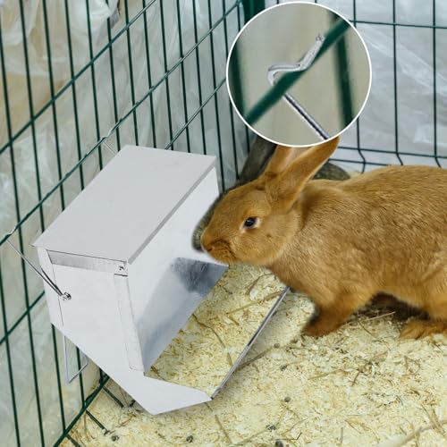 2 Pcs Rabbit Feeder for Cages Small Animal Food Pellet Dispenser with Lid Metal Chicken Grit Oyster Shell Squirrel Feeders Outside(7.7 Inches,Mesh Bottom,Silver) - color: Silver, size: 7.7 Inches, style: Mesh Bottom