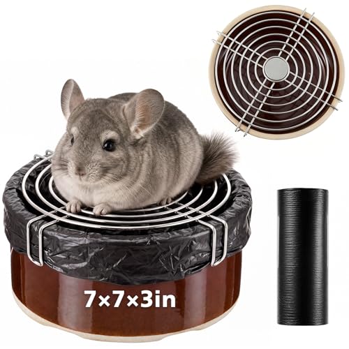 Maxcheck Ceramic Chinchilla Corner Litter Box Set for Small Pets, Chew Resistant Trainer Tip-Proof 7" Round Litter Pan with Stainless Steel Grid Plastic Bags for Hamster, Hedgehog, Gerbil, Ferret