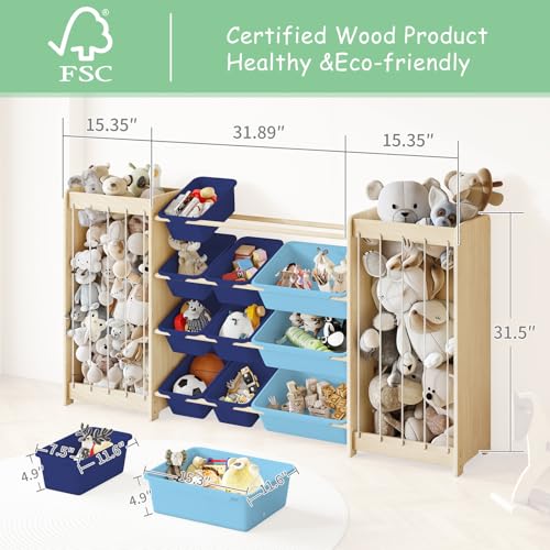 EXPERLAM Large Toy Storage Organizer, Wooden Stuffed Animal Storage & 12-Bins Toy Organizer, Double-Sided Plush Toy Holder Featuring Thicker Ropes, Space Save Bedroom Nursery Playroom Storage, Blue - color: Blue, size: 64.4" L × 11" W × 31.5" H