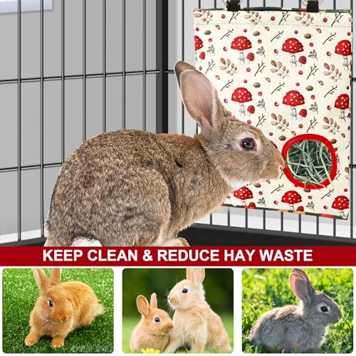JarThenaAMCS 2 Pcs Rabbit Hay Feeder Bag with 2 Holes Mushroom Guinea Pig Hanging Hay Feeding Bag Red Storage Dispenser for Chinchilla Hamster Bunny Small Animal Pet, 11.5 x 9 Inch