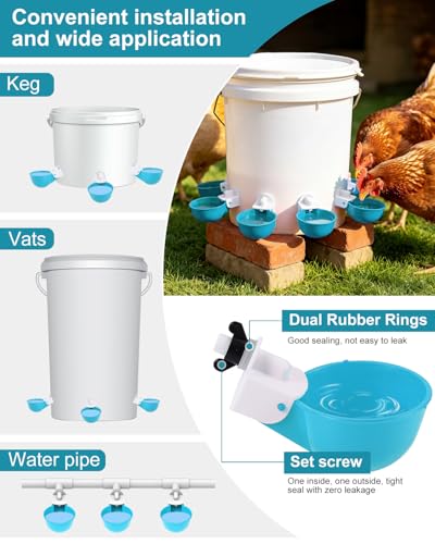 Chicken Waterer Cups (16 Pack) with 3/8" Drill Bit - Light Blue | Automatic Poultry Drinker Feeder Kit for Chickens, Ducks, Turkeys, Quail, Bunnies | DIY Gravity Fed Bucket Water Dispenser - color: Light Blue, size: 16 Pack + Drill bit