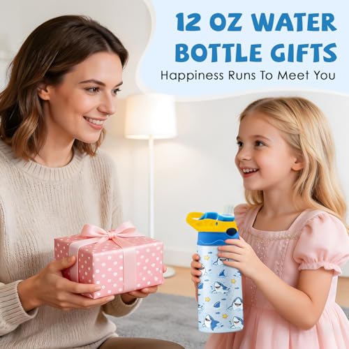 Shark 12 oz Water Bottle with Straw – Kids Stainless Steel Vacuum Insulated Cup, Leakproof Pop-Up Spout, Reusable Travel Mug for Boys and Girls Outdoor Sports - color: Shark1