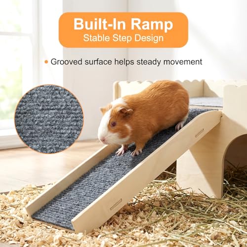 Wooden Guinea Pig Castle, Upgraded Guinea Pig Hideout, Small Pet House with Ramp & 4 Openings, Easy to Assemble for Guinea Pigs, Hamsters, Gerbils & Chinchillas