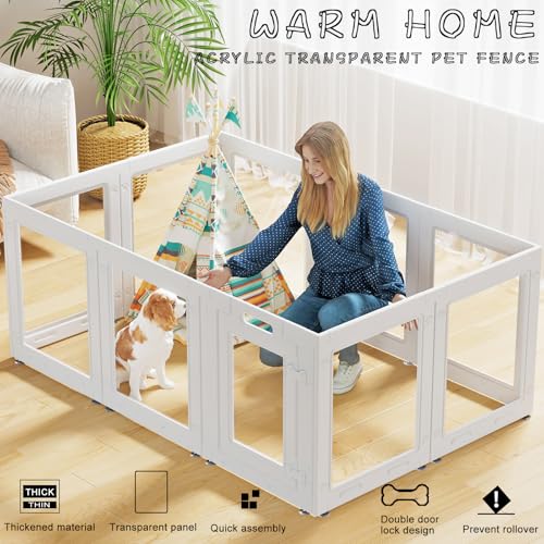 Clear Acrylic Dog Playpen with Door,23.6" Puppy Playpen,Easy Assemble Pet Fence,10-Panel for Puppies/Small Dog Play Pen Indoor (White, 23.6 Inch-H, 10 Panel) - color: White-10