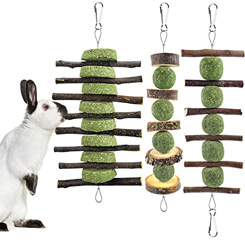 ERKOON Bunny Chew Toys, Rabbit Chew Toys for Teeth Grinding, Improve Dental Health, 100% Natural Apple Wood Timothy Grass Cake Treats for Rabbits Guinea Pigs Chinchillas Bunnies Hamsters (3 Pcs) - style: 3 Pcs
