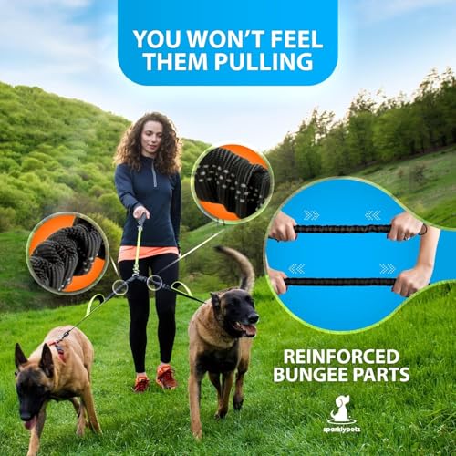 Double Dog Leash for 2 Dogs – Rope Bungee Dual Leash for Medium and Large Breeds with Padded Handles & Tangle Free (Green, Medium/Large) - color: Green