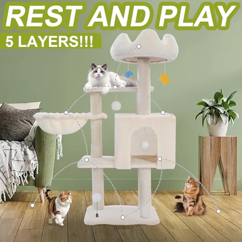 Cat Tree Tower with Hammock,40"Cat Trees for Indoor Cats Large Adult(White) | Modern Cat Tree Tower with Scratching Post, Cats Condo Furniture with Cloud Top Perch, Cats Climbing Tower for Kittens - color: White