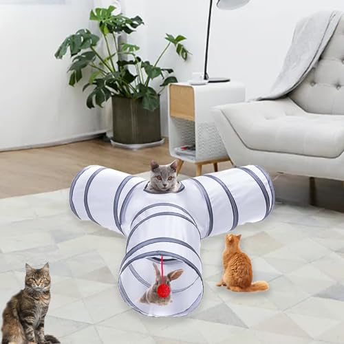 Cat Tunnel Tube Toys, 3 Ways Tunnels for Indoor Cats with Play Ball | Collapsible Pet Tube with Interactive Peephole Interactive Toy for Rabbits, Kittens, Ferrets, Puppy(White Gray) - color: 3 Way White Gray