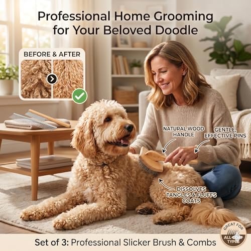 Wooden Long Pin Slicker Brush for Dog, Poodles & Doodles Long Hair | Grooming, Fluff & Detangle Heavy Dense Wavy Curly Coats to Easily Prevent Severe Hair Matting During Shedding Seasons - color: Wood