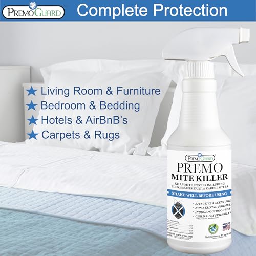 Premo Guard Natural Mite Spray, Kills Dust, Bird, Carpet, and Other Mites | Plant Based Treatment For Spider, Rat, Human Sabbies Mites, Safe For Families, Pet, Home, Bedding & Furniture - size: 16 Fl Oz (Pack of 1)